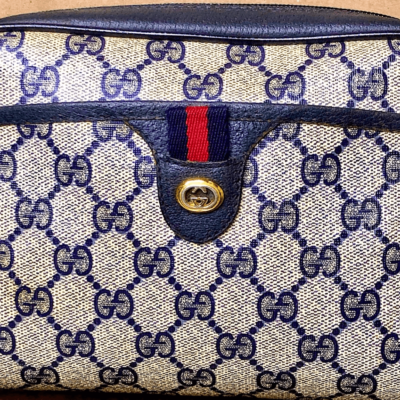 GUCCI GG Supreme Ophidia Sherry Line Navy Leather Grey