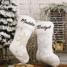 Personalized Christmas Stocking White Large Fur Glitter Snowflake Name Initial