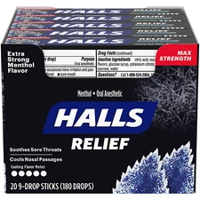 HALLS Relief Max Strength Extra Strong Menthol Throat Drops, 20 Packs of 9 Drops