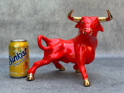 RED PORCELAIN MATADOR BULL STATUE FIGURINE GOLD LEAF GILDING MCM 12" L 8 1/2" H - Picture 3 of 12