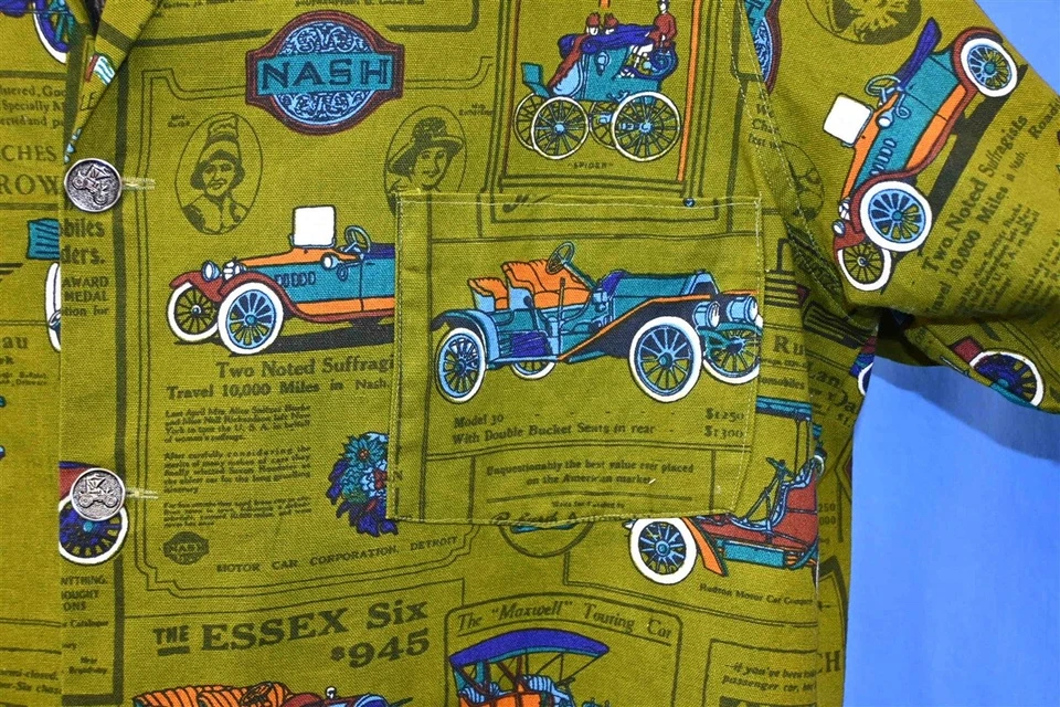 Camisa masculina vintage anos 60 PIERCE ARROW AUBURN MOTOR CARS ACAMPAMENTO VERDE BOTÃO PARA BAIXO GG - Imagem 3 de 4