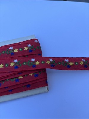 4 Yards  Red Jacquard Trim Blue Yellow White Flowers 9/16'' Wide  W1
