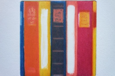 Aquatinta-Farbradierung „Bücher“, Original signiert T. Ehmke - Bild 1 von 4