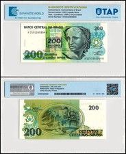 Brazil 200 Cruzeiros on 200 Cruzados Novos, 1990 ND, P-225b, UNC, Authenticated