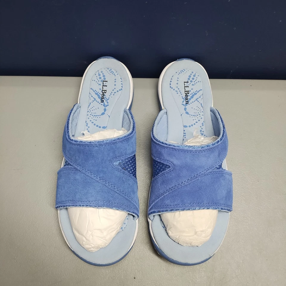 L.L. Bean Slide Sandals Womens US 7.5M Blue White Suede Casual Comfort Slip On - Image 2 of 4