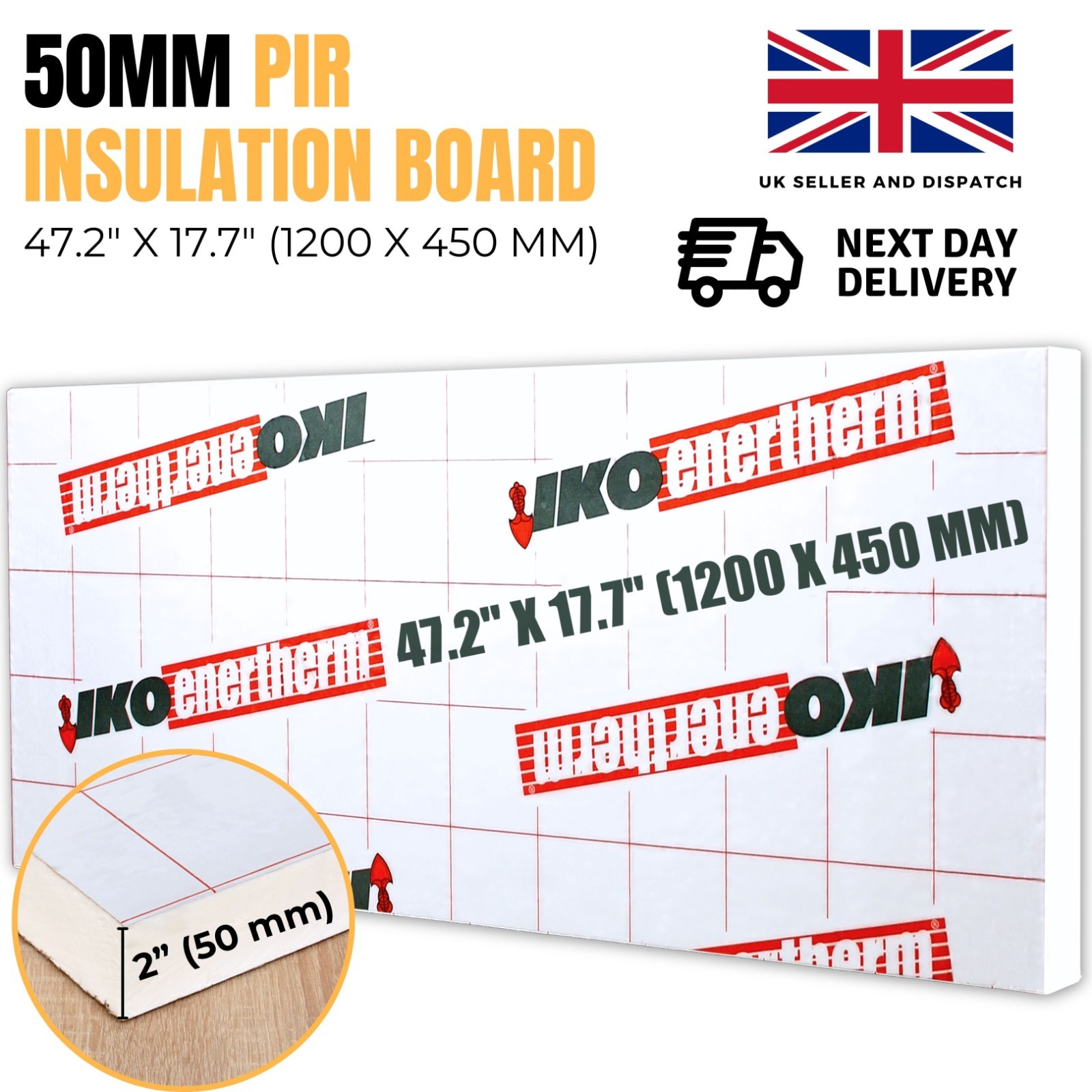 PIR Insulation Board 1200x450x50mm – Rigid Thermal Panel with Foil Both Sides