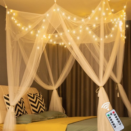 White Bed Canopy with Lights for Girls Bedroom Decor, 8 Corner Princess Canop...