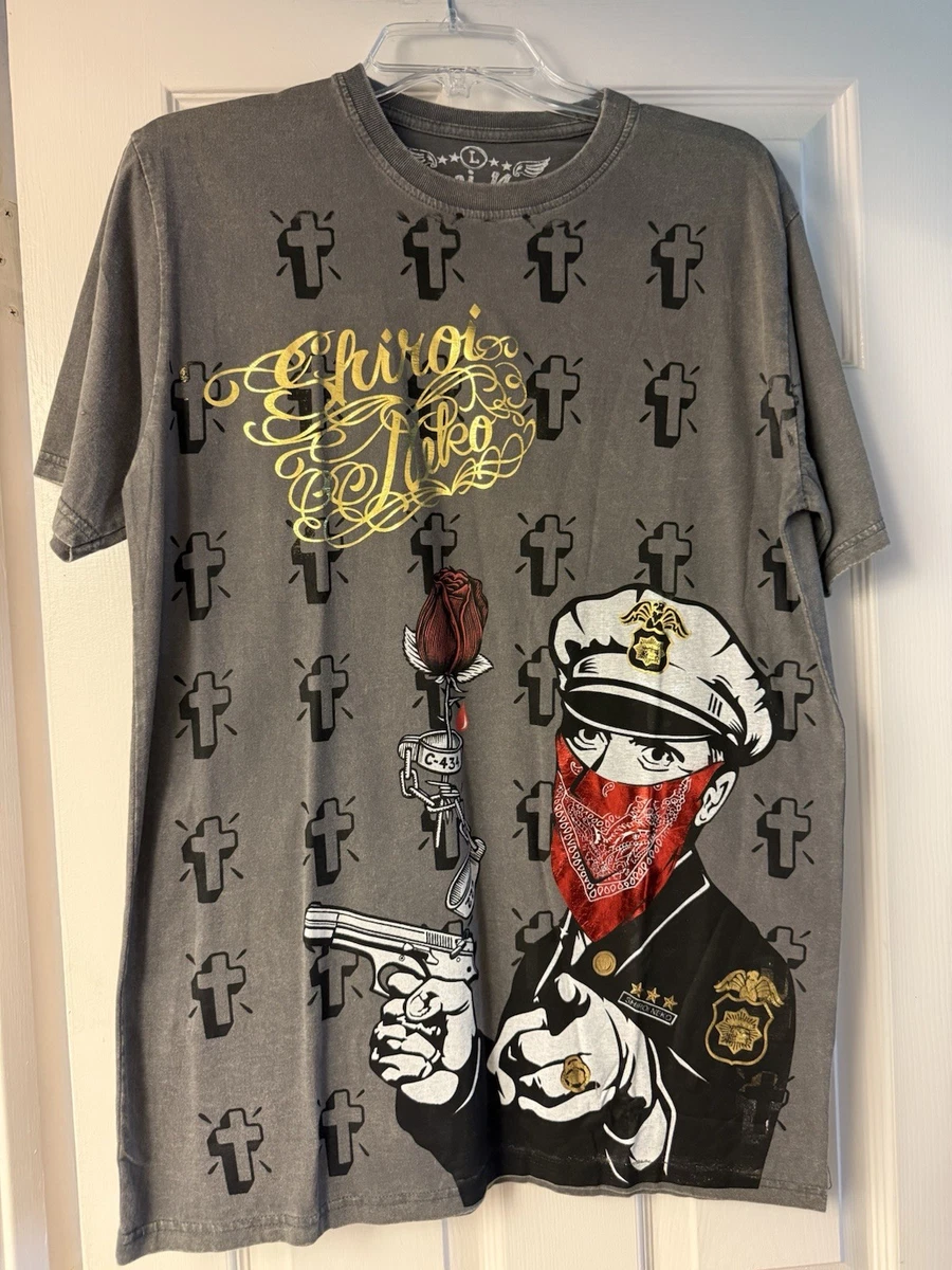 T-shirt Graphique Homme Shiroi Neko Noir Tatouage - Taille L, Coton Fait Main