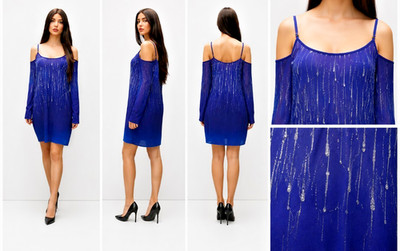 Sommer minikleid schmale träger  off schoulder desing glamouröser blau