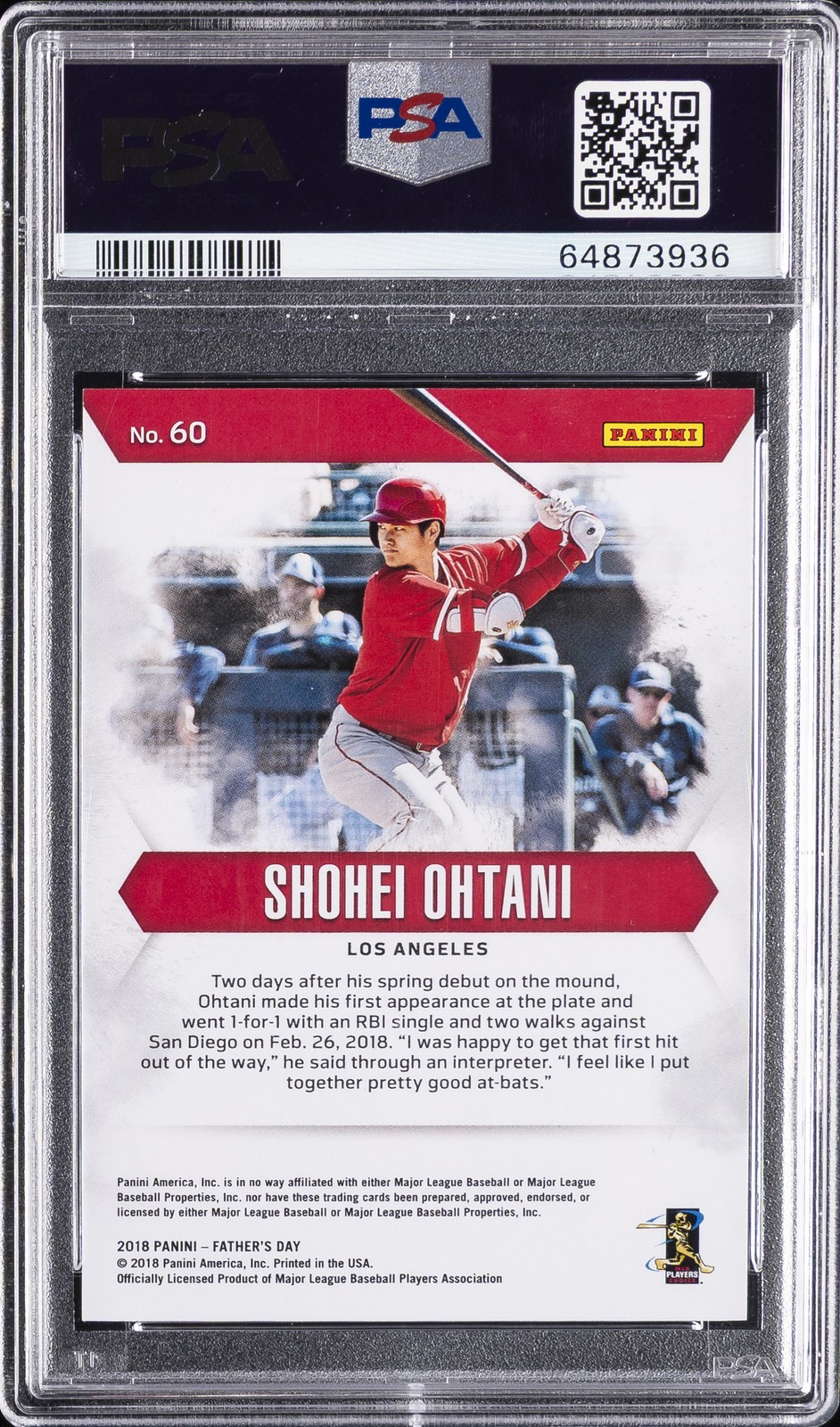 2018 PANINI FATHER'S DAY BATTING-FUTURE FRAMES #60 SHOHEI OHTANI RC /50 PSA 9 view 2