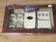 Classics by Handley House Dollhouse Miniature Dining Table Hutch White Chairs