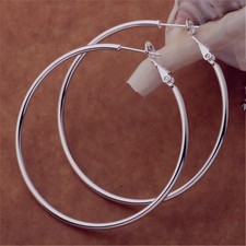 925 Sterling Silver Big Hoop Earrings 50-80MM Round Women Wedding Jewelry