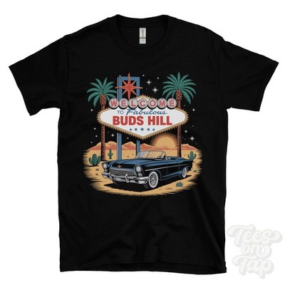Lustiges T-SHIRT BUDS HILL LAS VEGAS ZEICHEN PARODIE vier Marken Hampshire England