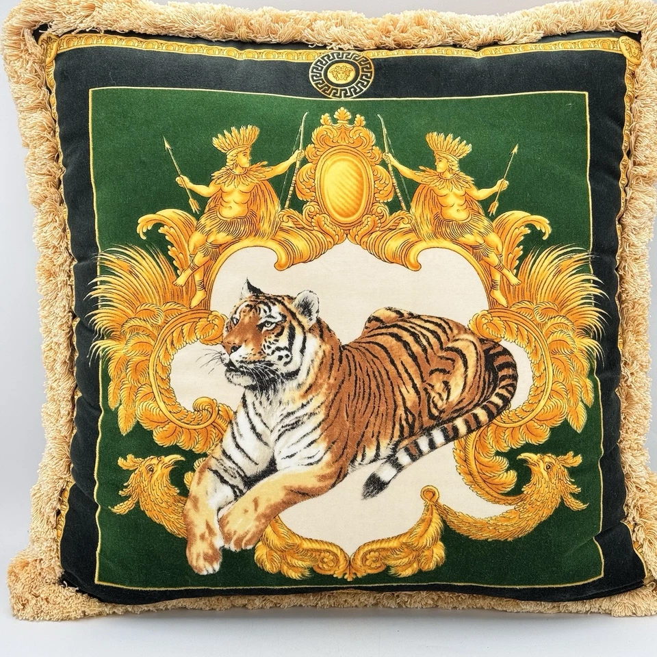 *AUTHENTIC* Atelier Versace Tigris Double Face Tiger Throw Pillow Cushion Fringe - Image 2 of 4