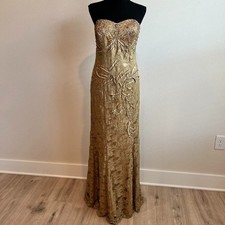 VTG May Queen Formal Dress Gold Sequins Beaded Strapless Dress W/ Scarf Size 12