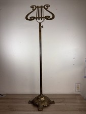 Vintage Brass Lyre Harp Shaped Footed Music Stand Adjustable Missing Bookplate