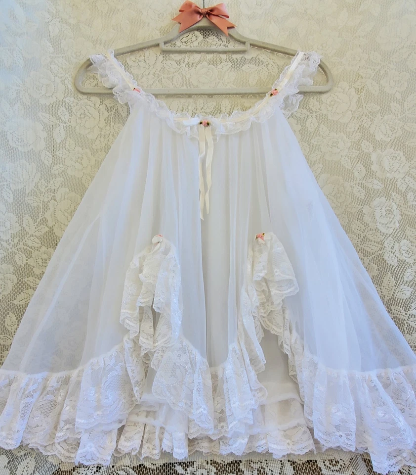 VTG TOSCA LAYERED NYLON CHiFFON BABYDOLL W/FRiLLY RUFFLED LACE BOWS + ROSETTES - Image 2 of 4