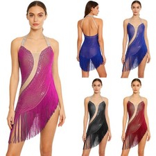Women Tassel Bodysuit Halter Backless Irregular Mini Dress Ballroom Dance Dress