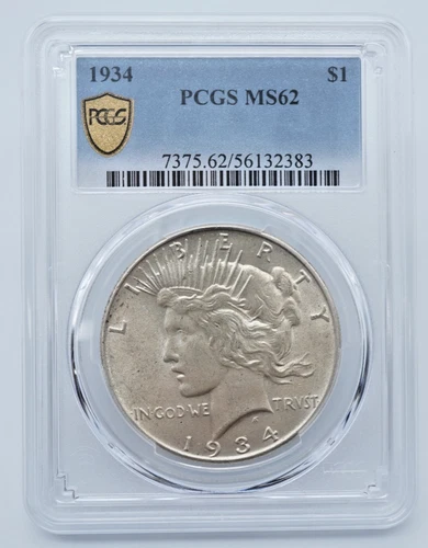 1934-P Peace Silver Dollar PCGS MS62 Gold Shield Label - T388