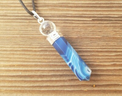 BLUE ONYX 2 STONE CRYSTAL POINT PENDANT W/ QUARTZ SPHERE & CORD GEMSTONE 
