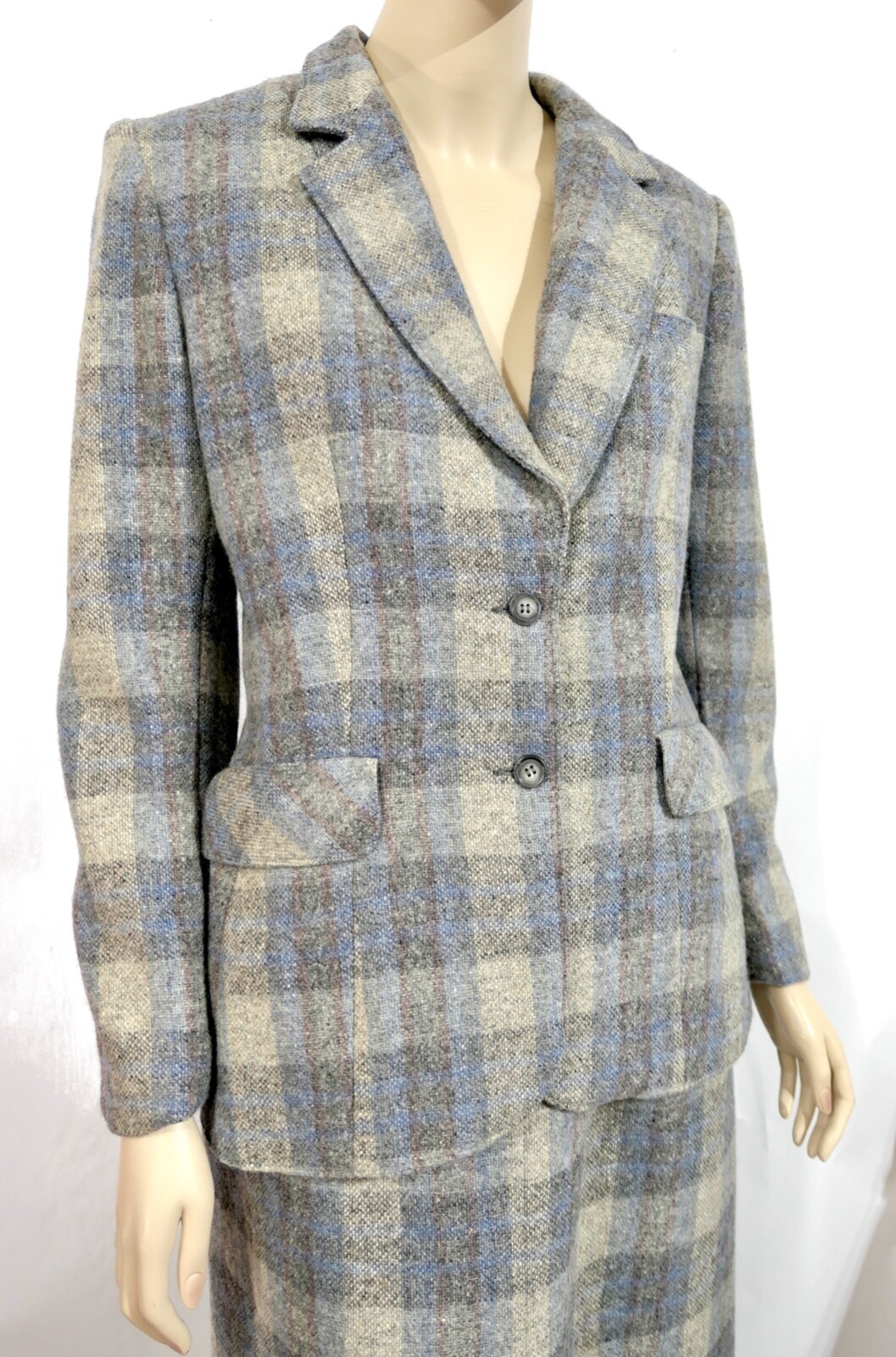 Vintage 60s 70s Wool Plaid Skirt Suit Blue Gray K… - image 7