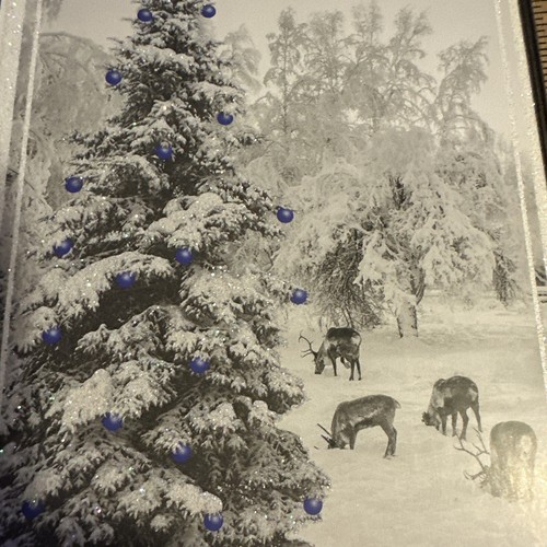Tarjeta de Navidad de Colección SIN USAR Brillo Cubierto de Nieve Pino Reno Bucks Madera - Imagen 1 de 7