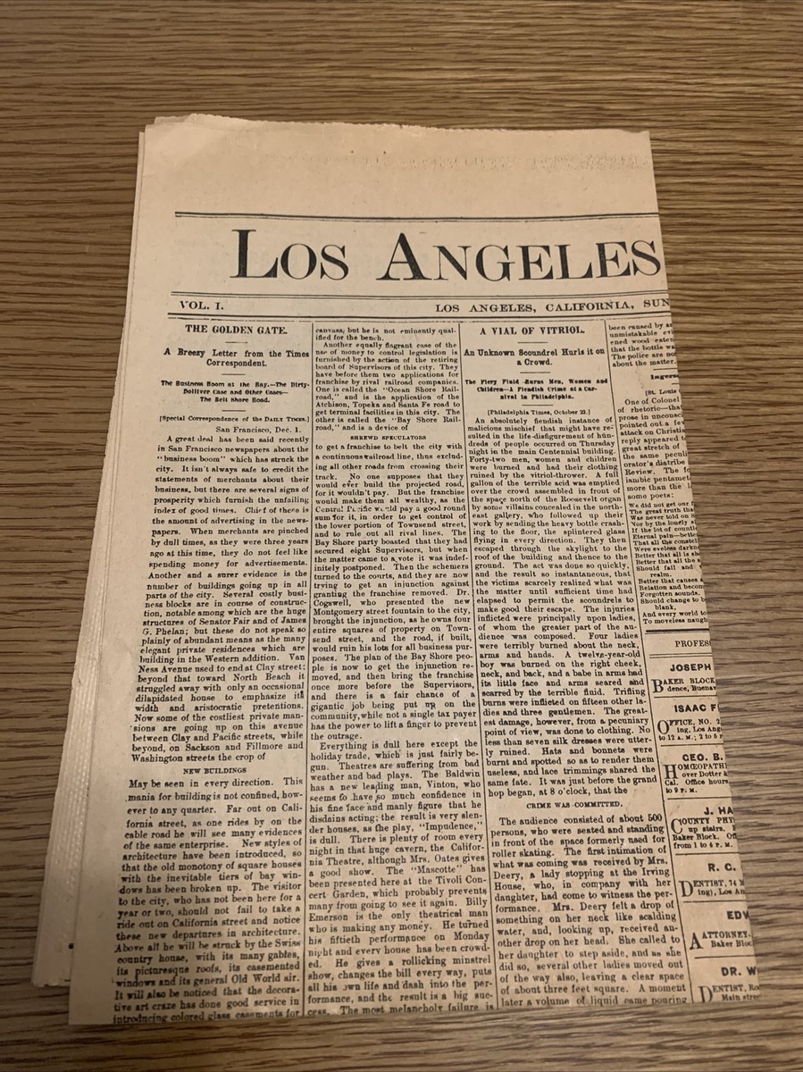 Los Angeles LA Times Newspaper REPRODUCTION December 4, 1881 | eBay