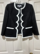 Kasper Separates Jacket Black Collarless Open Front White Trim Lined Pockets 6