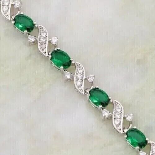 12Ct Lab-Created Oval Cut Emerald Women's Tennis Bracelet 14K White Gold Plated - Picture 3 of 5