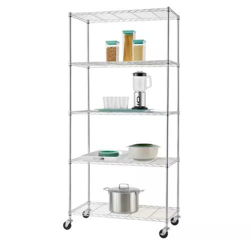 Free Standing Rolling Shelf Unit 5 Shelves Steel Wire Rack Chrome Garage Kitchen - Picture 2 of 4