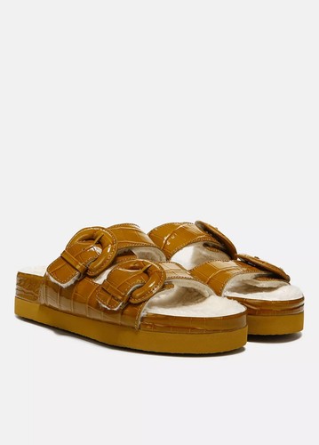 Vince Glyn Sherling Lined Croc Embossed Gold Brown Double Buckle Sandals Soft