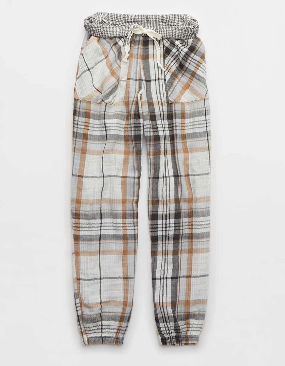 AERIE Gauze Cotton Neutrals Plaid Cozy Launge Pajama Joggers PANTS