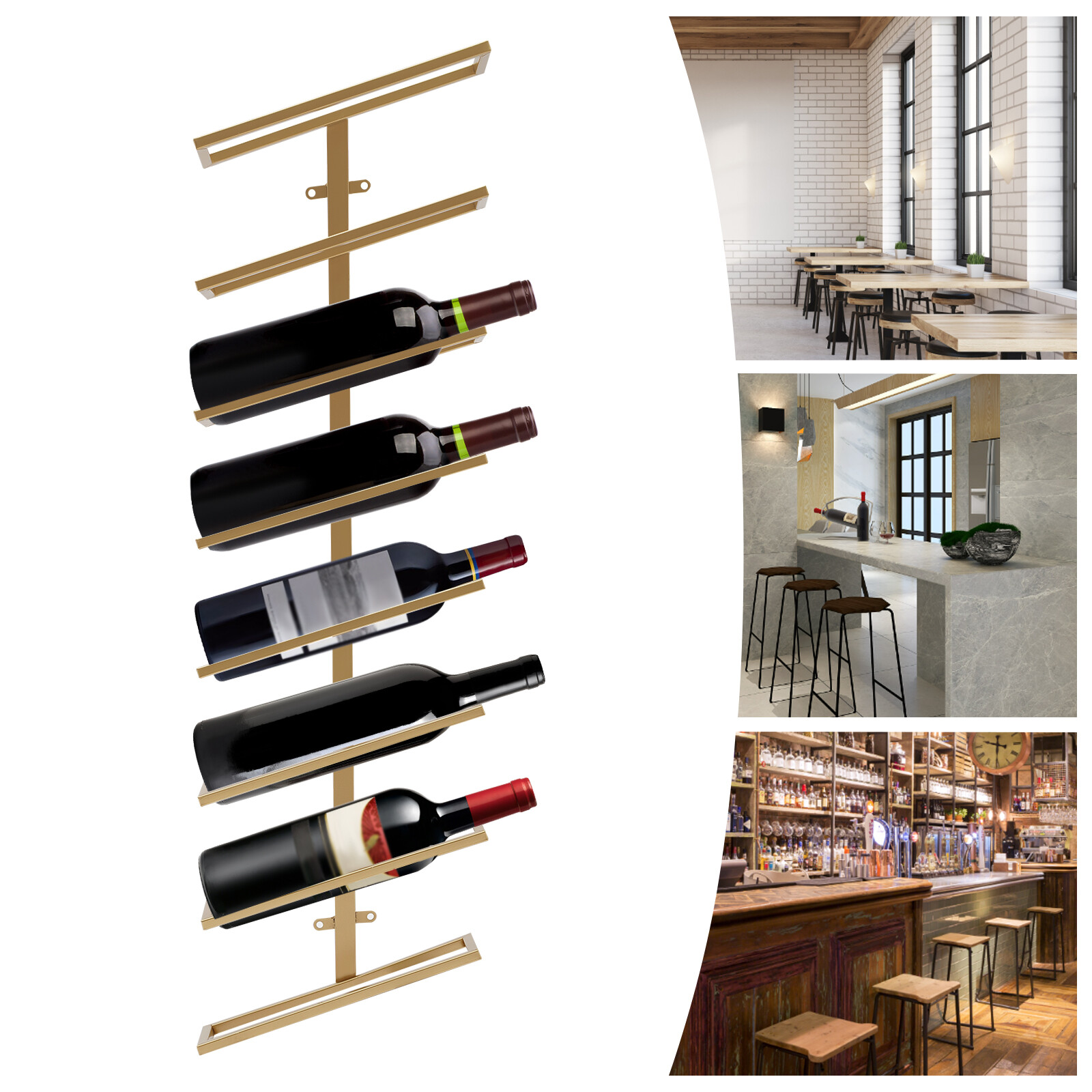 Metal Gold Wine Rack Bar Organizer Kitchen Wall Mount Holder 8 Bottles