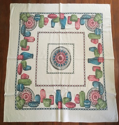 Vintage TABLE CLOTH Square Off white Mexican Pot print TABLECLOTH 1970s Retro
