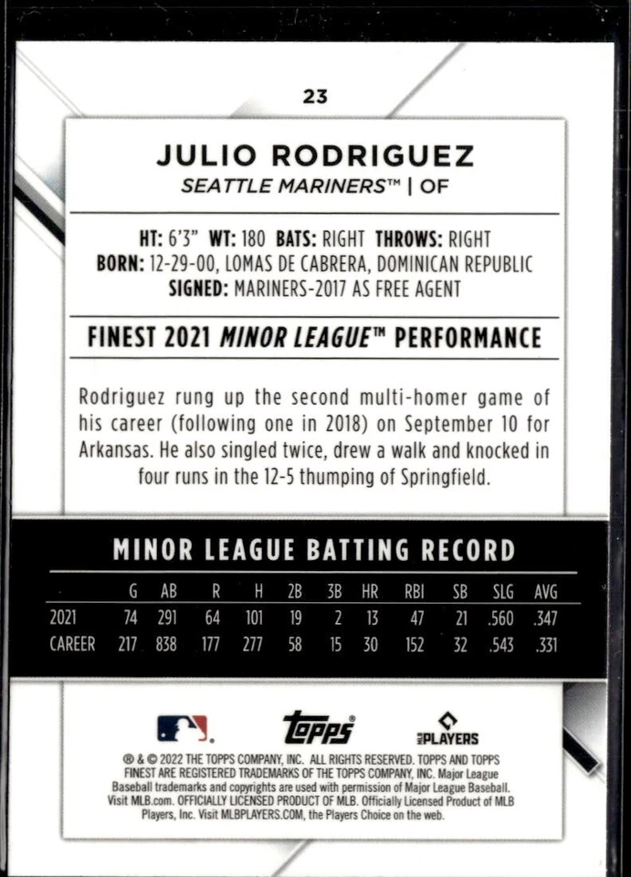 2022 TOPPS FINEST ROOKIE #23 JULIO RODRIGUEZ RC - Image 2 of 2