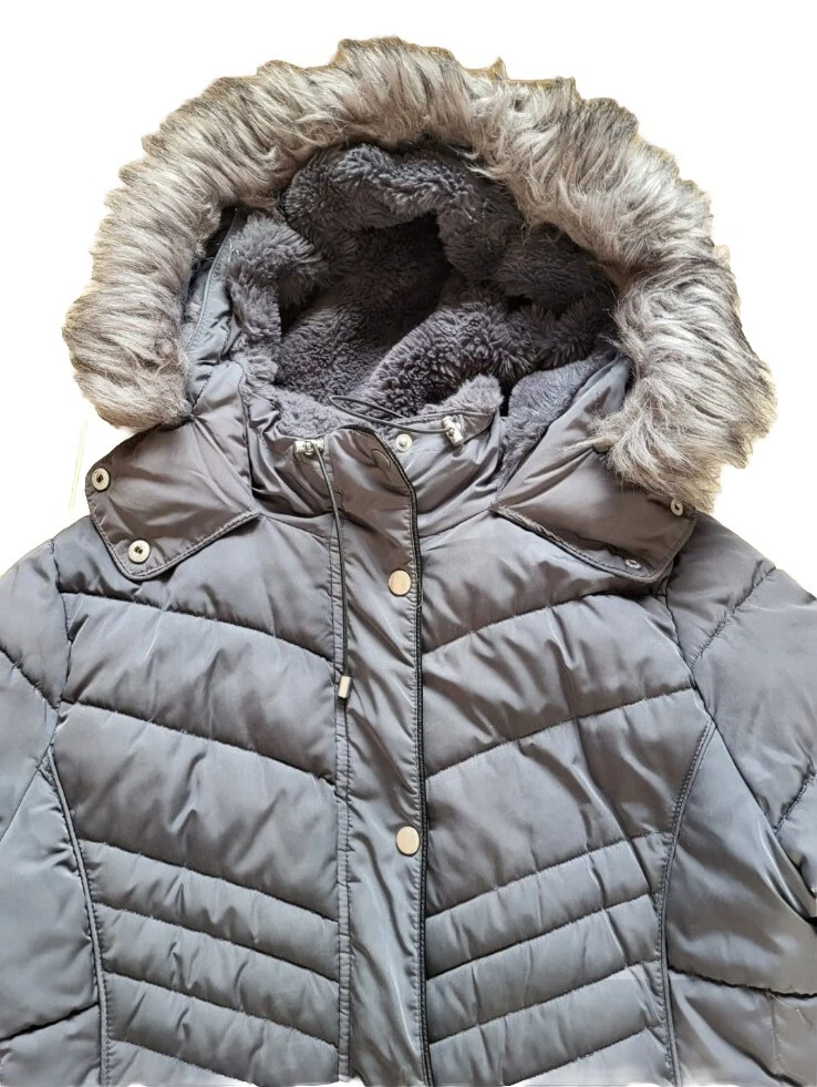 Grey padded faux deals fur hooded coat