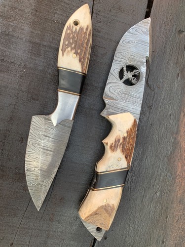 Handmade Stag Handle Damascuss steel blade knife 2 pieces With Leather Sheath - Picture 4 of 4