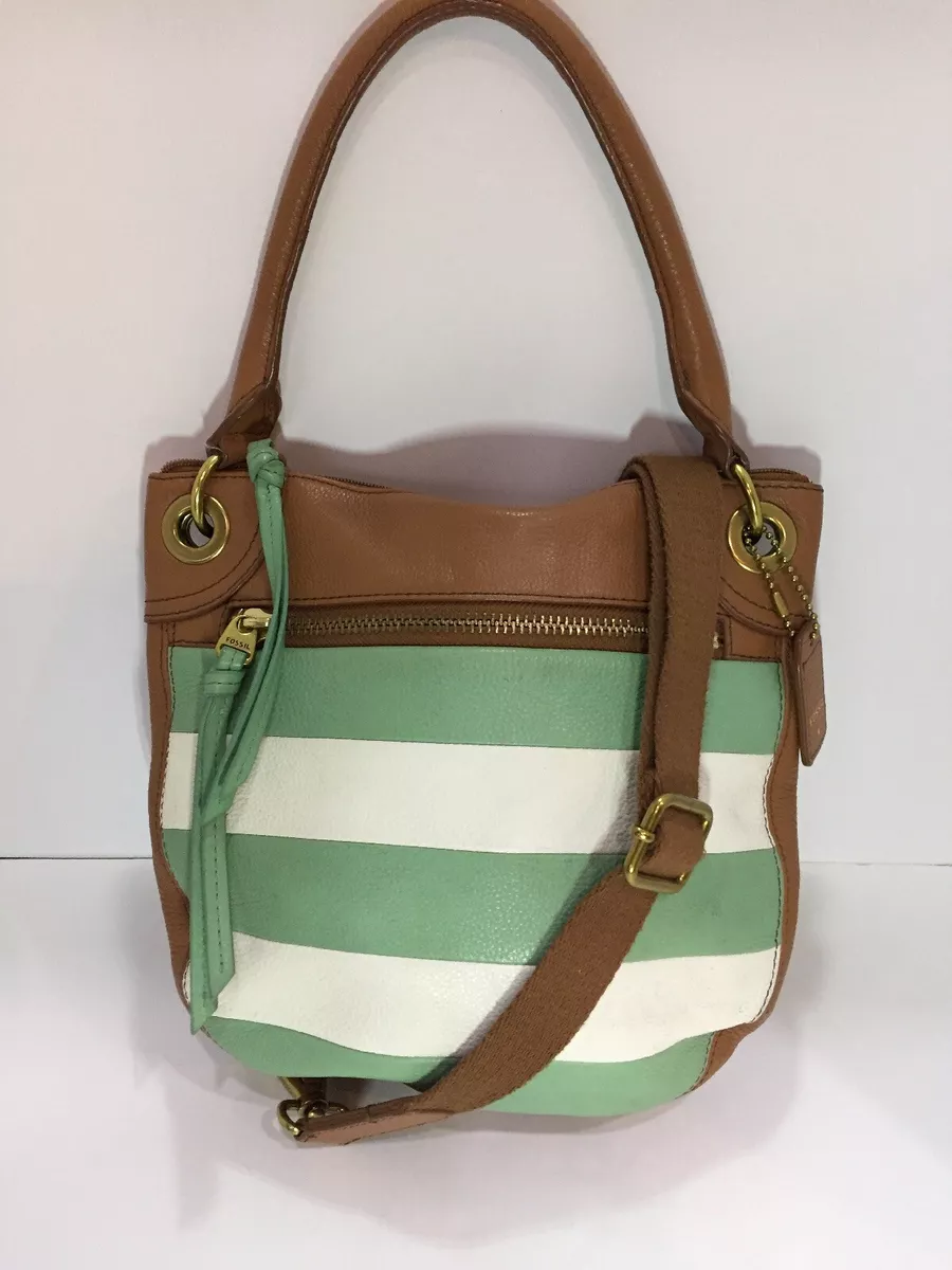 FOSSIL Karli Sm Leather Hobo Crossbody Bag Purse Brown Green White Strip