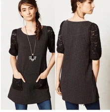 Anthropologie Postcard Knit Tunic/ short  Dress XS Black Gray Lace Sleeves