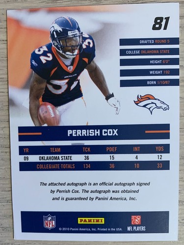 2010 Donruss Rated Rookie - Autograph Card - Perrish Cox RC - Broncos - Picture 2 of 2