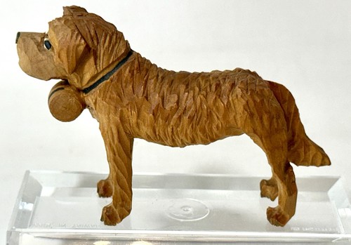 Vintage Hand Carved Wood Saint Bernard Dog Figurine W/ Brandy Keg 3.25” X 2.25”