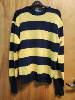 Vintage 90s Polo Ralph Lauren Striped Sweater Navy Yellow Rugby Preppy L EUC