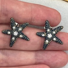 Starfish Earrings Gold Blue Clear Rhinestone Coastal Nautical Mermaid Beachy