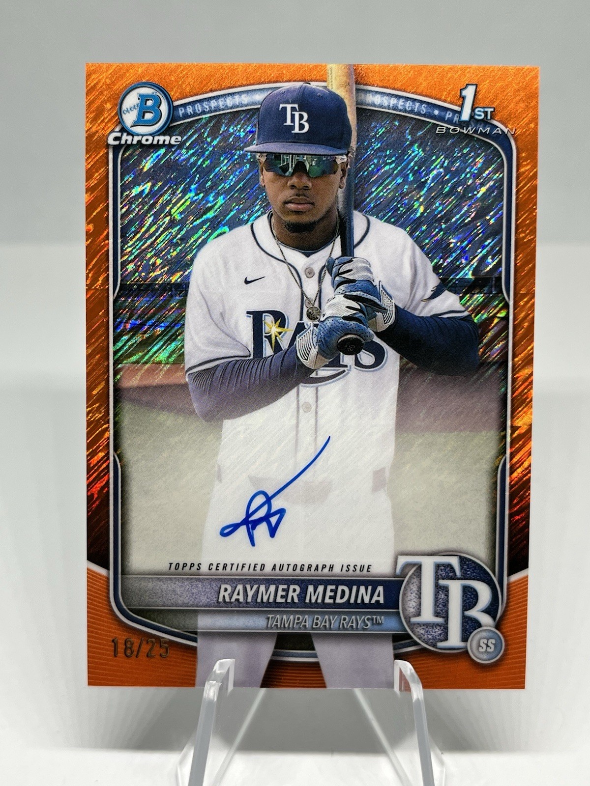 2025 Bowman Chrome Raymer Medina 1st Orange Shimmer Refractor Auto /25 Rays Card