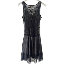 Johnny Was Biya Women's Embroidered Lace Midi Dress S Black Sheer Mesh Overlay