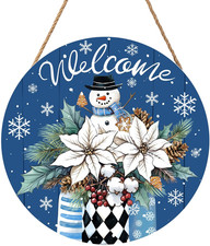 Welcome Winter Blue Poinsettia Front Door Sign Winter Snowman Wood Door Hanger O