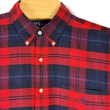 Vintage Ralph Lauren Big Shirt Mens L Red Navy Buffalo Plaid Button Down Pocket