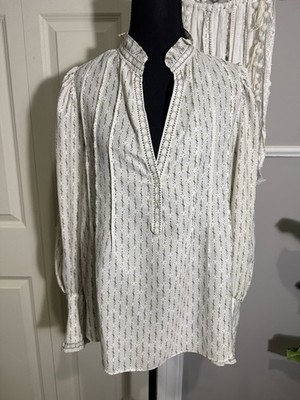 Max Studio Cream Boho Split-Neck Long-Sleeve Top size medium  