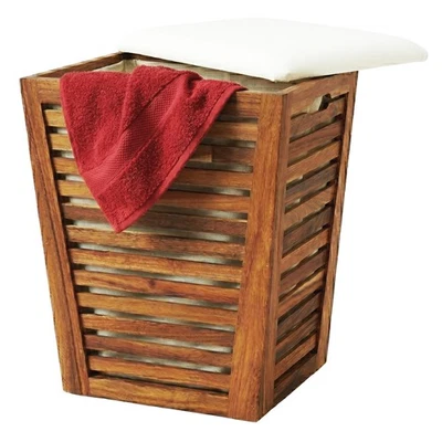 Wäschekorb Wäschebox Wäschetruhe Wäschesammler Wäschehocker mit Sitz Akazienholz - Bild 1 von 4