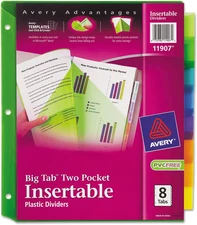 11907 Two-Pocket Insertable Dividers, Plastic, 8-Tab, Multi-Color